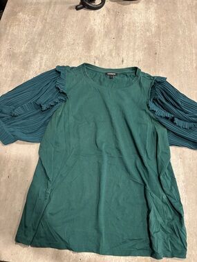 Express Women's Teal Pleated Ruffle Sleeve Top